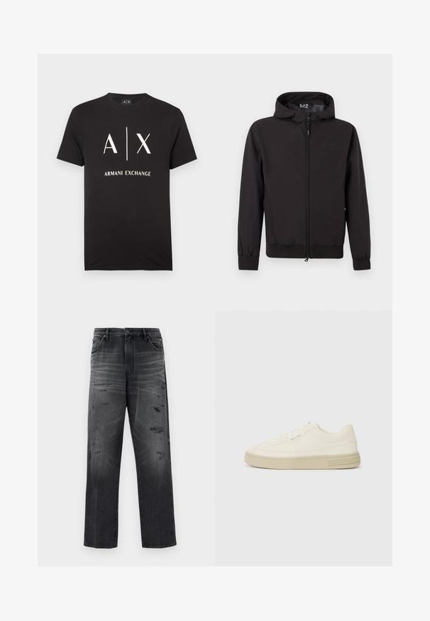 Veste légère noire avec capuche, dotée de poignets et d'un ourlet élastiques, d'une fermeture éclair intégrale et d'un détail de logo subtil sur la poitrine.; T-shirt en coton noir avec les initiales "A|X" et "ARMANI EXCHANGE" imprimées en blanc. Col rond avec manches courtes.; Jean en denim noir avec une coupe décontractée, présentant un design délavé et des patchs déchirés. Style standard cinq poches et fermeture à bouton.; Baskets en toile blanches avec une semelle en caoutchouc texturée, présentant un capuchon de chaussure cousu et un accent de logo sur le talon. Design simple à lacets.