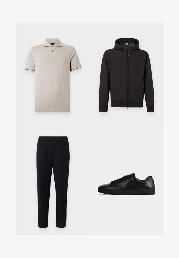 Veste légère noire avec capuche, dotée de poignets et d'un ourlet élastiques, d'une fermeture éclair intégrale et d'un détail de logo subtil sur la poitrine.; Polo à manches courtes beige clair avec deux boutons noirs, fines rayures noires et blanches sur le col et les bords des manches, et petit logo sur la poitrine.; Pantalon noir sur mesure avec ceinture élastique, plis avant soigneusement repassés, et coupe droite, sur un fond gris clair.; Basket basse en cuir noir avec lacets noirs et semelle épaisse noire, vue de profil sur fond gris clair.