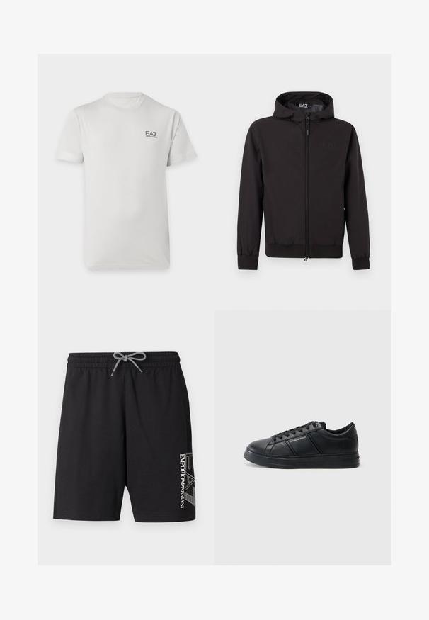 Veste légère noire avec capuche, dotée de poignets et d'un ourlet élastiques, d'une fermeture éclair intégrale et d'un détail de logo subtil sur la poitrine.; T-shirt blanc manches courtes col rond avec petit logo noir EA7 Emporio Armani sur le côté gauche de la poitrine.; Shorts de bain noirs en tissu doux, dotés d'une taille élastique avec cordon de serrage, de poches latérales et d'un logo blanc imprimé sur une jambe.; Baskets en cuir noir avec une finition lisse, bout arrondi, fermeture à lacets, col rembourré et accents latéraux texturés. Détail du logo subtil visible.