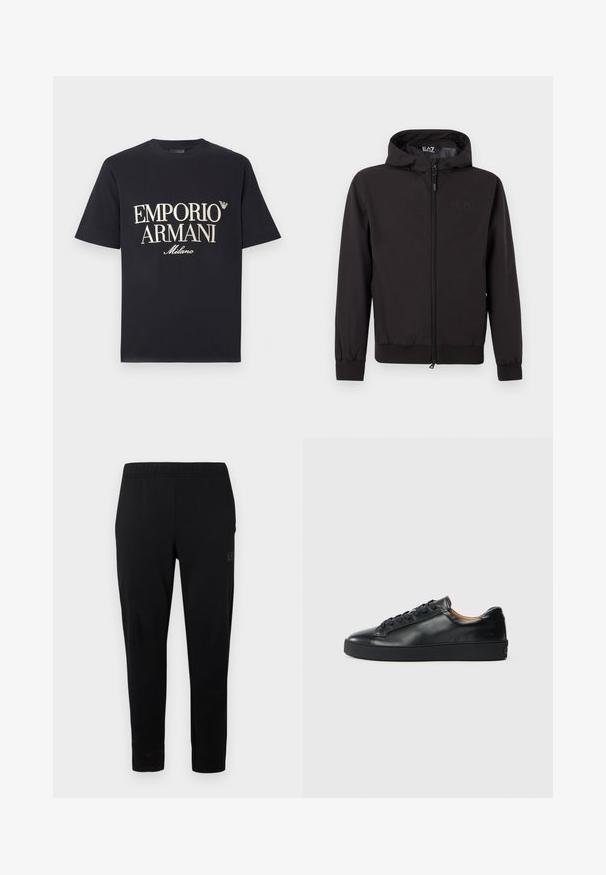 Veste légère noire avec capuche, dotée de poignets et d'un ourlet élastiques, d'une fermeture éclair intégrale et d'un détail de logo subtil sur la poitrine.; T-shirt en coton noir avec un grand motif contrastant crème "EMPORIO ARMANI Milano" sur le devant et un petit logo sur la poitrine.; Pantalon de sport noir avec une taille élastique, coupe ajustée, sans garniture visible. Présente un logo discret imprimé sur le côté.; Baskets en cuir noir avec une texture lisse, bout rond et fermeture à lacets. Comprend une semelle en caoutchouc épaisse et un minimum de détails de marque.