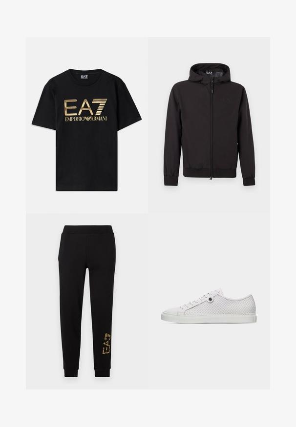 Leichte schwarze Jacke mit Kapuze, verfügt über elastische Bündchen und Saum, durchgehenden Reißverschluss und ein dezentes Logodetail auf der Brust.; Schwarzes Baumwoll-T-Shirt mit kurzen Ärmeln, auf dessen Vorderseite ein in Gold gedrucktes "EA7 EMPORIO ARMANI" Logo prangt. Schlichtes Design, Rundhalsausschnitt.; Schwarze Jogginghose mit lässiger Passform, einem goldfarbenen Grafikdesign am unteren Bein und einem elastischen Bund für Komfort.; Weißer Sneaker in niedrigem Schnitt mit geflochtenen Lederseiten, weißen Schnürsenkeln, Gummisohle und einem kleinen metallischen Logo nahe den Schnürsenkeln vor weißem Hintergrund.