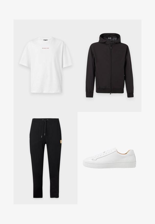 Veste légère noire avec capuche, dotée de poignets et d'un ourlet élastiques, d'une fermeture éclair intégrale et d'un détail de logo subtil sur la poitrine.; T-shirt blanc à manches courtes avec col rond, avec un petit texte rouge "MICHAEL KORS" centré sur la poitrine.; Pantalon de jogging noir fuselé avec taille à cordon et petite pièce rectangulaire beige sur la partie supérieure de la cuisse gauche.; Sneaker en cuir blanc avec une finition lisse, bout rond, design plat à lacets, et une semelle en caoutchouc épaisse présentant un motif de grip texturé.