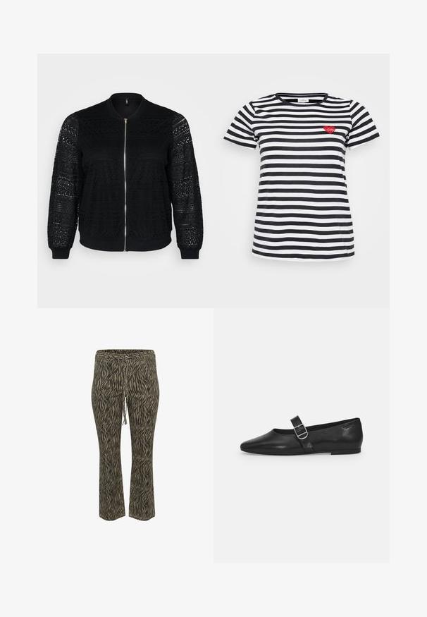 Schwarze Bomberjacke mit Spitzenverzierungen, Reißverschluss, gerippten Bündchen und Saum, mit intricaten Mustern auf den Ärmeln und der Vorderseite.; Schwarz-weißer gestreifter T-Shirt mit Rundhalsausschnitt und kurzen Ärmeln, mit einer kleinen roten Herzstickerei auf der linken Brust.; Elastische Hose mit Kordelzug im khaki und beigefarbenen Zebra-Muster. Mittlere Leibhöhe, ausgestellte Beinform, weicher Stoff. Geeignet für Freizeitkleidung.; Schwarzer Lederflatschuh mit runder Zehenform, einem verstellbaren Schnallenriemen und einer glatten, glänzenden Oberfläche. Minimalistisches Design mit einem niedrigen Absatz.