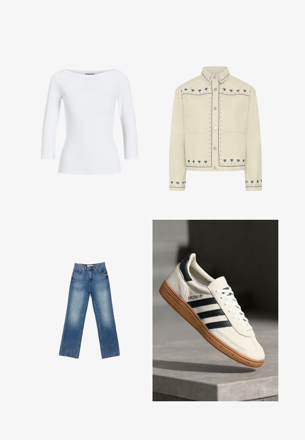 Kremfarvet cropped jakke med blå broderede hjerter på bærestykke, manchetter og kant, med sølvfarvede trykknapper og to lommer foran.; Hvid, ribbet langærmet top med bådudskæring. Stoffet er glat, tætsiddende og har en ren afslutning ved manchetterne og kanten.; Blå denim wide-leg jeans med en falmet finish, fem lommer, synlig syning, knap- og lynlåslukning, samt en lige pasform.; Hvide ruskinds sneakers med marineblå striber, gummisål, struktureret overdel, rund tå og snøring; har branding på siden og tungen.