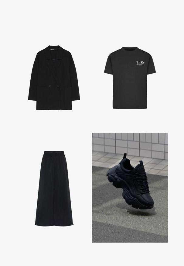 Schwarzer Blazer mit langen Ärmeln, Reverskragen, zwei vorderen Knöpfen und zwei großen aufgesetzten Taschen, auf weißem Hintergrund präsentiert.; Schwarzes Baumwoll-T-Shirt mit Rundhalsausschnitt. Mit weißem Text, einschließlich japanischer Schriftzeichen und "Slurp Away", auf der linken Brustseite.; Schwarze weite Hosen mit einem elastischen Bund und verstellbarem Kordelzug. Aus leichtem Stoff mit glatter Textur. Keine sichtbaren Muster.; Schwarze Leder-Sneaker mit einem klobigen Design, ausgestattet mit einer dicken Sohle, strukturierten Einsätzen und schwarzen Schnürsenkeln. Schwebt über einem grauen Gehweg.