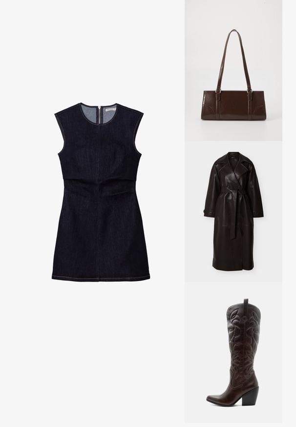 Longue gabardine en cuir brun foncé avec de larges revers, boutons croisés, taille ceinturée et poignets boutonnés.; Robe sans manches en denim foncé avec un corsage ajusté et une jupe évasée. Présente une fermeture à glissière dans le dos et de simples détails de couture.; Botte de cowboy haute en cuir marron foncé avec motifs décoratifs cousus, bout pointu et talon bloc empilé.; Sac à main en cuir verni marron de forme rectangulaire, avec deux longues poignées et des accents courbés subtils à l'avant.