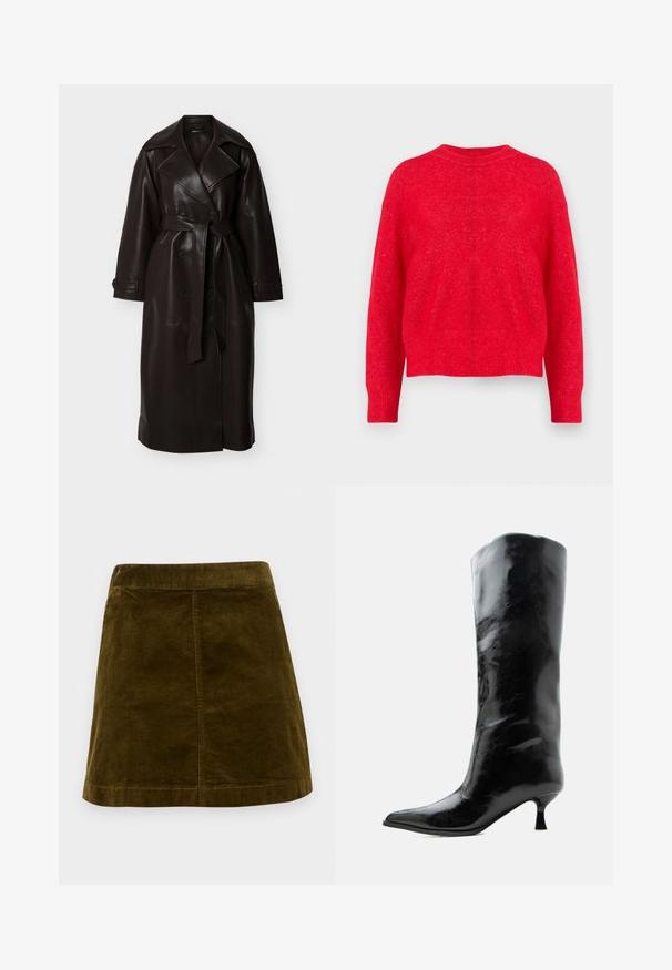 Lang mørkebrun læder trenchcoat med brede revers, dobbeltradede knapper, bælte i taljen og knappede ærmekanter.; Rød strikket sweater med rund halsudskæring, drop-shoulder ærmer og ribbede manchetter og kant. Blød tekstur med en let løs pasform.; Brun kordfløjl mini skirt med lodrette ribber, lige snit og en ren kant. Har en simpel talje uden udsmykninger.; Sort skinnende knæhøj læderstøvle med spids tå og lav buet hæl på en ensfarvet lys baggrund.