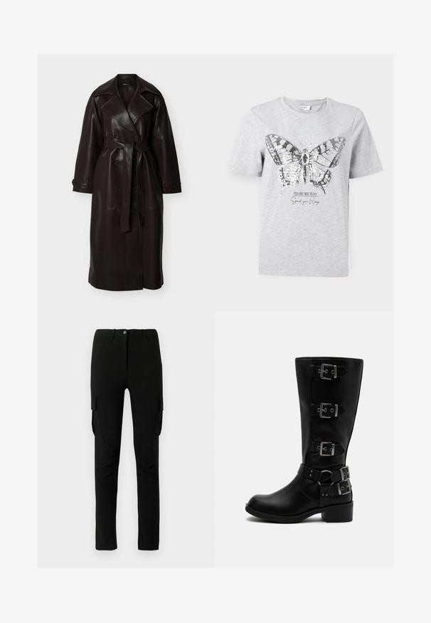 Lange donkerbruine leren trenchcoat met brede revers, dubbelgeknoopte knopen, taille met ceintuur en knoopmanchetten.; Grijze katoenen t-shirt met een vlinderafdruk en sequins. Onder de afbeelding staat "JE BENT VRIJ OM TE VLIEGEN Spreid je Vleugels."; Zwarte cargobroek met een slim fit, voorzien van zijzakken, een knoopsluiting en een gladde, licht gestructureerde stof.; Zwarte leren laars tot halverwege de kuit met vier verstelbare metalen gespen en een lage blokhak op een witte achtergrond.