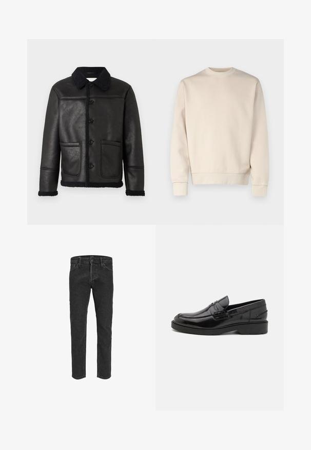 Sort læderjakke med krave, fire forreste knapper, to lommer og en tekstureret shearlingkant langs manchetterne og nederkanten.; Lys beige sweatshirt med rund hals, ribbede manchetter og kant. Fremstillet af blødt stof med en glat tekstur. Minimalistisk design uden mønstre.; Sorte denimbukser med lige ben, fem lommer og bæltestropper, der har en let falmet tekstur og kontraststing. ; Sorte læder loafers med en glat finish, rund tå, lav hæl og dekorativ syning langs forsiden. Gummisål for godt greb.
