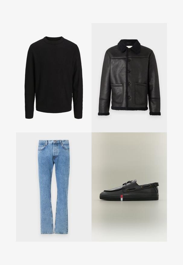 Veste en cuir noir avec un col, quatre boutons sur le devant, deux poches et une bordure en shearling texturé le long des poignets et de l'ourlet.; Pull noir en maille à manches longues, col rond, poignets et ourlet côtelés, présenté sur un fond uni gris clair.; Jeans en denim bleu clair avec une coupe droite, cinq poches et des détails de couture contrastés. Taille standard avec une fermeture à bouton.; Chaussure bateau en cuir noir avec détails en lacets, semelle en caoutchouc plate, et petit logo Tommy Jeans rouge, blanc et bleu sur le côté.