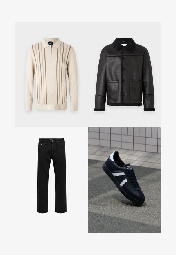 Veste en cuir noir avec un col, quatre boutons sur le devant, deux poches et une bordure en shearling texturé le long des poignets et de l'ourlet.; Pull en tricot zippé beige avec des rayures verticales marron, un col et des manches longues. Texture douce avec une coupe décontractée.; Jean en denim noir à jambes droites avec un design classique à cinq poches et une fermeture par bouton à la taille, présenté à plat sur un fond blanc.; Sneaker en cuir noir avec des rayures blanches, semelle en caoutchouc texturée et devant à lacets. Présente une étiquette de marque sur la languette.