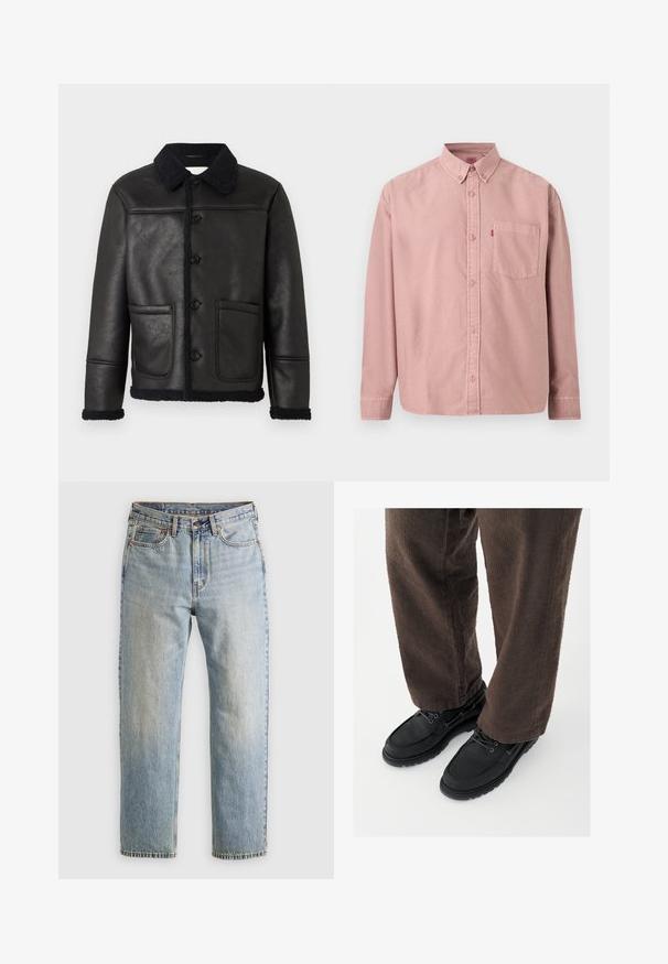 Schwarze Lederjacke mit Kragen, vier vorderen Knöpfen, zwei Taschen und einem strukturierten Lammfellbesatz an den Ärmelbündchen und dem Saum.; Langärmliges, pinkes Hemd mit Knöpfen, einer Brusttasche und einem Button-down-Kragen, vor einem einfarbigen Hintergrund präsentiert.; Helle blaue Jeans mit hoher Taille, Frontknopf, Reißverschluss und fünf Taschen-Design, flach auf einem neutralen Hintergrund ausgelegt.; Schwarze Lederschuhe mit glatter Oberfläche, abgerundeter Spitze und Schnürdesign, kombiniert mit strukturierten braunen Hosen. Bodennahaufnahme.