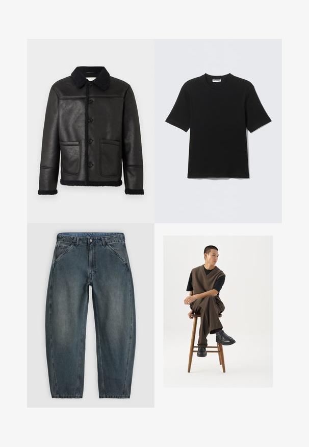 Schwarze Lederjacke mit Kragen, vier vorderen Knöpfen, zwei Taschen und einem strukturierten Lammfellbesatz an den Ärmelbündchen und dem Saum.; Schwarzes T-Shirt mit kurzen Ärmeln und Rundhalsausschnitt, mit einem "WEEKDAY"-Etikett innen am Kragen, flach auf einem hellen Hintergrund liegend dargestellt.; Highwaist dunkelgraue Jeans aus Denim mit schrägen Vordertaschen, Knopfverschluss, Gürtelschlaufen und leicht zulaufenden Beinen.; Brauner Strickwesten über einem schwarzen T-Shirt, kombiniert mit braunen weiten Hosen und schwarzen klobigen Schuhen, auf einem Holzschemel sitzend.