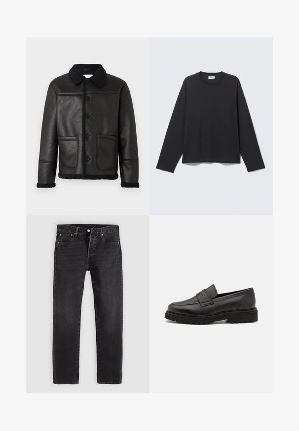 Veste en cuir noir avec un col, quatre boutons sur le devant, deux poches et une bordure en shearling texturé le long des poignets et de l'ourlet.; Chemise noire à manches longues avec col rond, coupe simple et ample, présentée à plat sur un fond gris clair.; Jean en denim noir à coupe droite, avec deux poches avant, une poche à monnaie et des rivets en métal. Design classique à cinq poches.; Mocassin en cuir noir avec un bout rond, des détails cousus, et une semelle épaisse et texturée. Présente un design élégant et minimaliste.