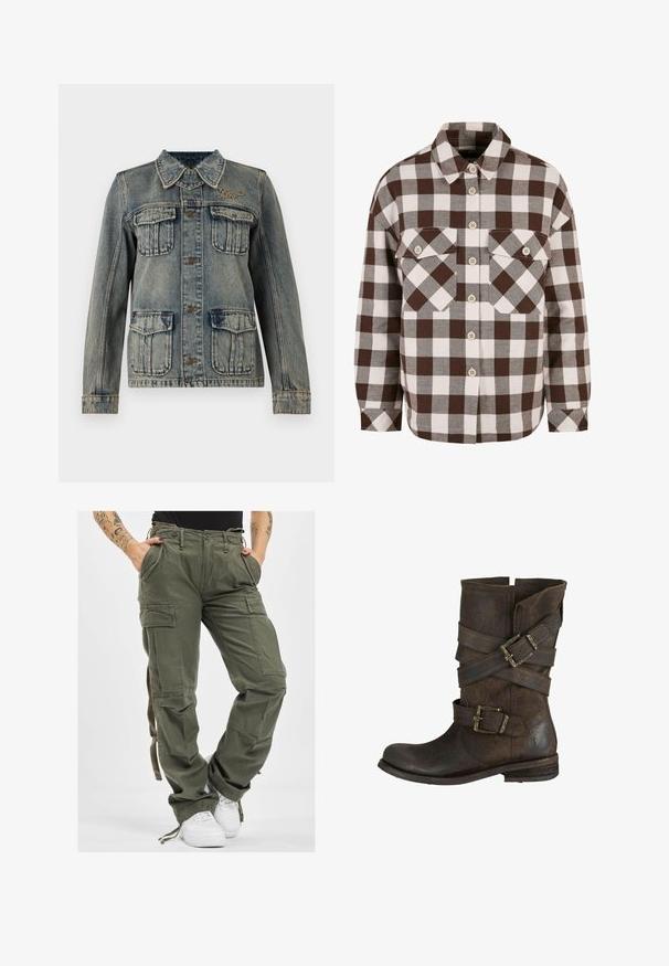 Denimjakke med falmet vask, fire foranklaplommer, knaplukning, krave og lille broderet logo på højre side af brystet.; Brun og hvid plaid knap-op skjorte med to brystlommer, der har en klassisk krave og knap-ned foran. Blød stofstruktur.; Olivengrønne cargo-bukser med flere lommer, snøre i taljen og afslappet pasform. Stoffet har en blød tekstur og en robust, holdbar fremtoning.; Brune læder ankelstøvle med flad hæl. Har flere spændte stropper og slidte tekstur. Rund tå og let løs design.