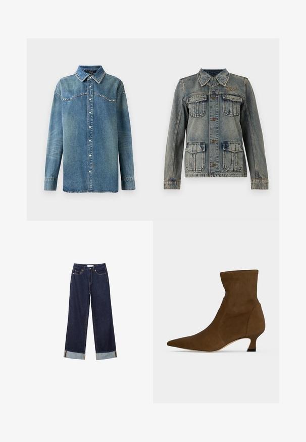 Veste en denim avec effet délavé, quatre poches à rabat à l'avant, fermeture par boutons, col et petit logo brodé sur le côté droit de la poitrine.; Chemise en denim bleu à manches longues avec boutons-pression, col pointu et détails en strass le long du devant et des bords du col.; Jeans larges bleu foncé avec ourlets retroussés, poches avant et couture visible, étalés à plat sur un fond blanc.; Bottine marron à la cheville avec un bout pointu et un petit talon bas, fabriquée en matériau lisse, présentée sur un fond uni.