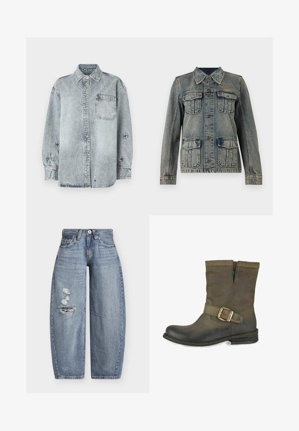 Denimmantel pleekinud pesuga, neli esikäepidet, nööpide sulgemine, krae ja väike tikitud logo rinna paremal pool.; Heled sinine denimpusa pikkade varrukatega, nööbid ees, ühe rinnataskuga ja ristpiste detailidega varrukatel.; Laiade säärega sinised teksapüksid kõrge vöökohaga ja kulunud rebenditega vasakul reiel, ees taskud ja vööaasad.; Pruun nahkne ankle бут, millel on kõver varvas, nööpimise aksent ja avatud disain ülaosas. Tekstuuriga viimistlus ja madal kokku pandud konts.