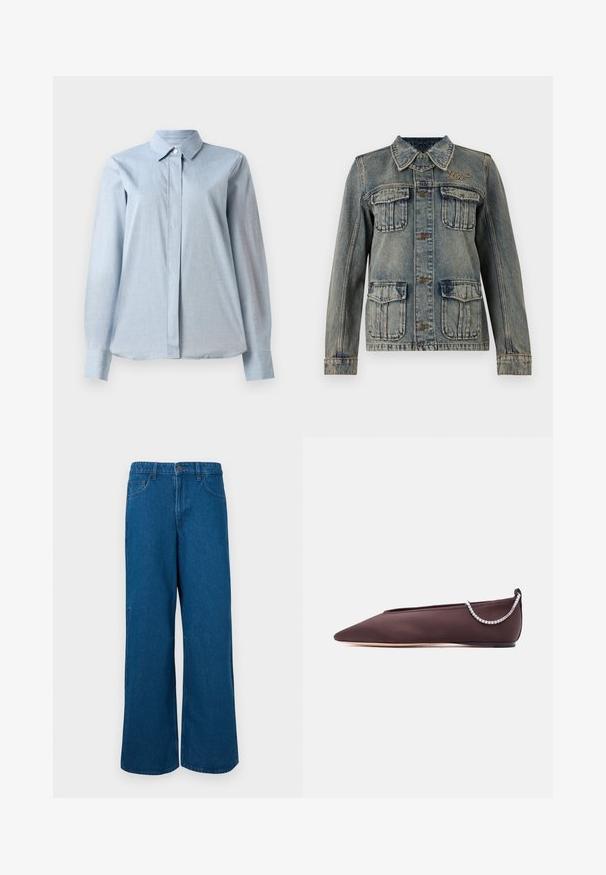 Chaqueta vaquera con lavado desgastado, cuatro bolsillos delanteros con solapa, cierre de botones, cuello y pequeño logo bordado en el lado derecho del pecho.; Camisa abotonada de color azul claro con cuello, mangas largas, una tapeta delantera y una textura de tela suave. El dobladillo es ligeramente curvado en la parte inferior.; Vaqueros de mezclilla azul de pierna ancha con cierre de botón y cremallera, bolsillos frontales y trabillas para cinturón, mostrados sobre un fondo gris claro.; Zapato plano de punta fina de color marrón oscuro con un tacón bajo y un detalle de cadena de pedrería plateada en la parte trasera.