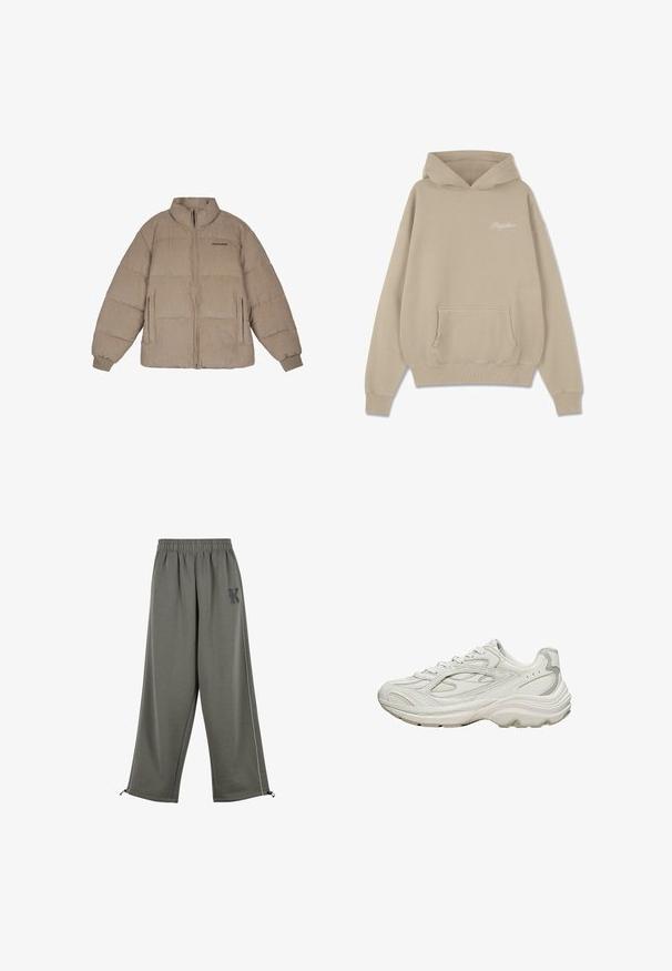 Beige corduroy pufferjack met hoge kraag, ritssluiting aan de voorkant en elastische manchetten. Kenmerkt het "PEGAADOR"-logo in het zwart op de borst en zijzakken.; Beige hoodie gemaakt van katoen, met een voorzak, ribgebreide mouwen en een klein wit logo op de borst.; Karl Kani KK OS SIDESTRIPE - Broek - grey; Witte sneaker met een gestructureerd bovenwerk en een dikke zool. Kenmerken zijn onder andere gebogen lijnen, subtiele grijze accenten en een veterontwerp.