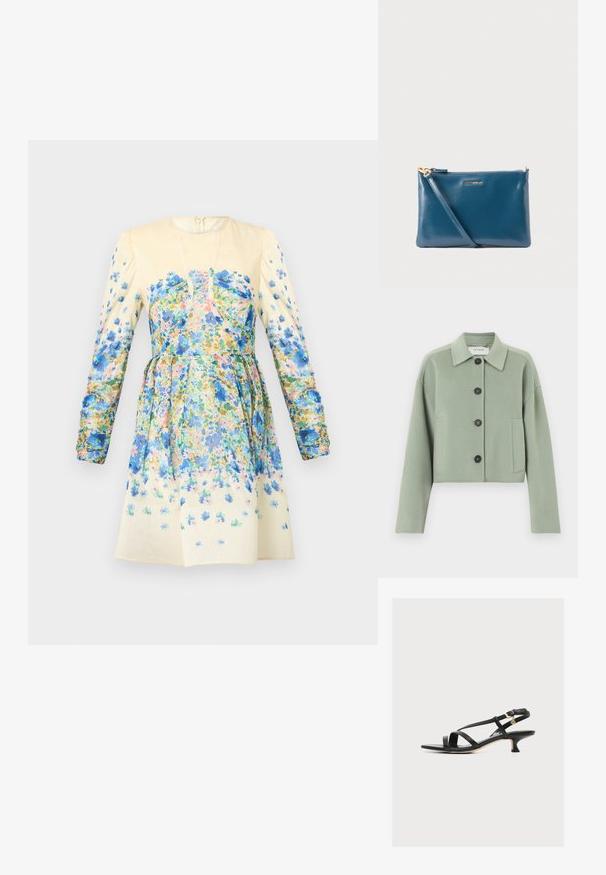 Weiche, kurz geschnittene Jacke aus Salbeigrün-Wolle mit großen schwarzen Knöpfen, seitlichen Taschen und klassischem Kragen, Marke Ivy Oak.; Blumenkleid in Beige mit langen Puffärmeln, ausgestattet mit mehrfarbigen Druckmotiven in Blau, Pink und Grün. Taillierte Silhouette mit weit schwingendem Rockdesign.; Schwarze Ledersandale für Damen mit dünnen überkreuzten Riemen, niedrigem Kittenabsatz und kleinem goldfarbenem Schnallenschmuck am Knöchelriemen.; Blaue Leder-Clutch mit glatter Textur, Reißverschluss und abnehmbarem Tragegurt. Auf der Vorderseite befindet sich ein goldenes Logo.