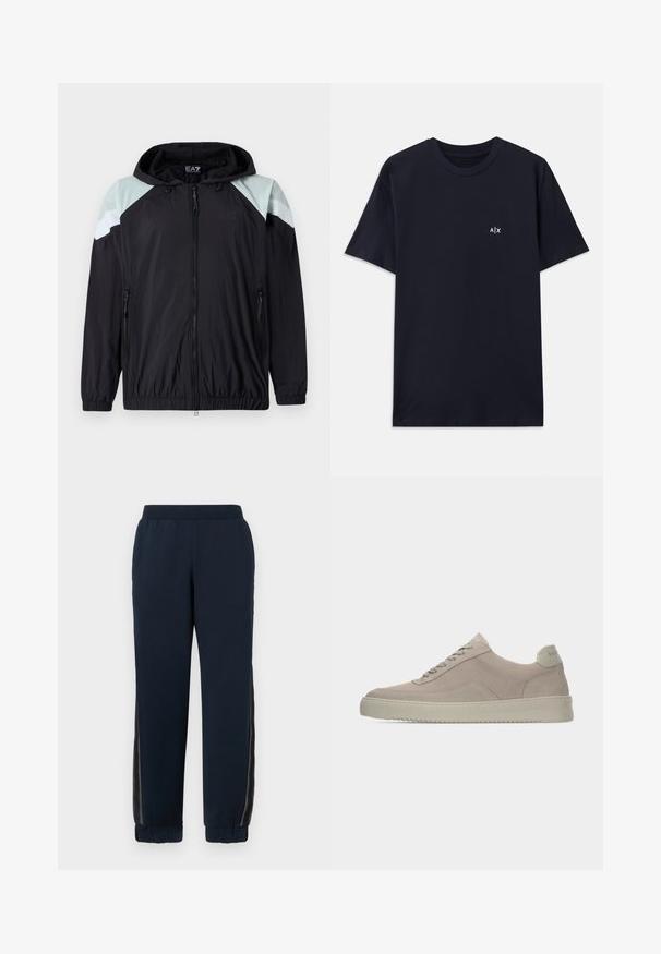 Lichte zwarte jas met capuchon, voorzien van mintgroene schouderaccenten en witte gestreepte details. Inclusief ritszakken en elastische manchetten.; Navyblauwe katoenen t-shirt met korte mouwen en een ronde hals. Heeft een klein wit "A|X" logo op de linkerkant van de borst.; Marineblauwe sweatpants met een zachte textuur, taps toelopende boorden en mesh zijpanelen. Elastische tailleband voor comfort en een casual pasvorm.; Beige suède sneakers met een gestructureerde afwerking, ronde neus en tonale veters. Voorzien van een dikke rubberen zool en subtiele branding op de hiel.