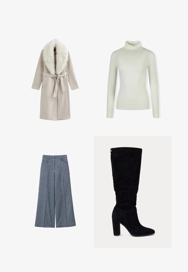 Beige yderjakke med en kunstig pelskrave, bælte i taljen og to frontlommer; glat tekstur med lige silhuet.; Lys cremefarvet sweater med rullekrave lavet af blødt, ribbet materiale; tætsiddende design med lange ærmer og tekstureret kant. Ingen mønstre eller detaljer.; Grå uldbukser med vid ben, der har en glat tekstur, høj talje, to sidelommer og diskrete plisseringer.; Sort ruskind knæhøj damesko med blokhæle og spids tå, med et lille gyldent logo tag tæt på øverste bagside.