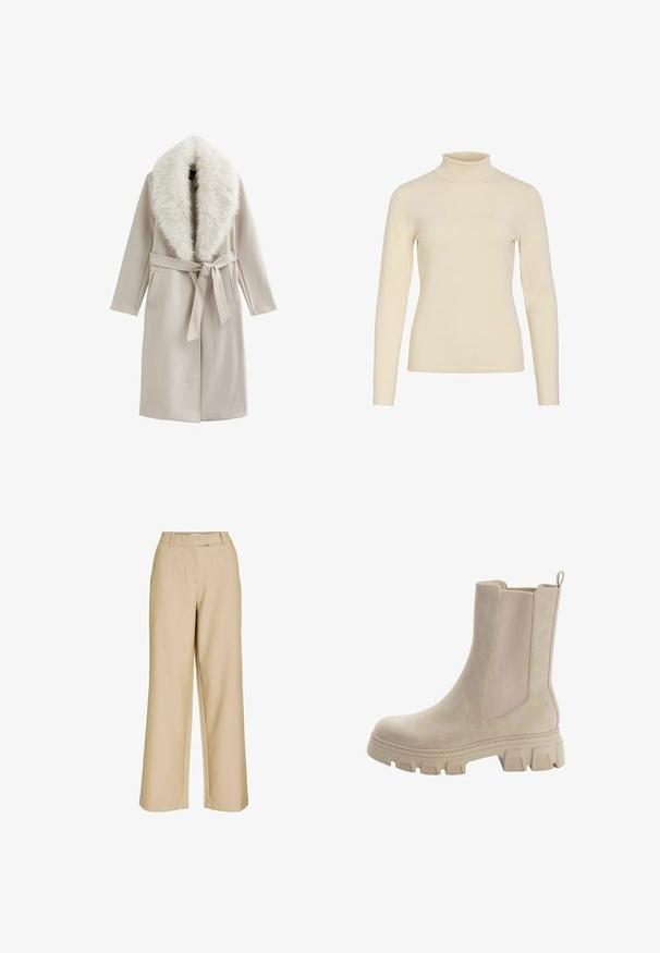 Beige buitenjas met een faux fur kraag, een riem op de taille en twee voorkg pockets; gladde textuur met een rechte silhouette.; Crèmekleurige coltrui met lange mouwen, een aansluitend silhouet en een geribde halslijn op een effen witte achtergrond.; Beige hoge taille wijde broek met riemlussen, een voorrits en minimale naaddetails.; Beige Chelsea boots met een glad leren bovenwerk en elastische zijpanelen. Dikke, robuuste rubberen zool met een kenmerkend profiel en een aantrekstrip.