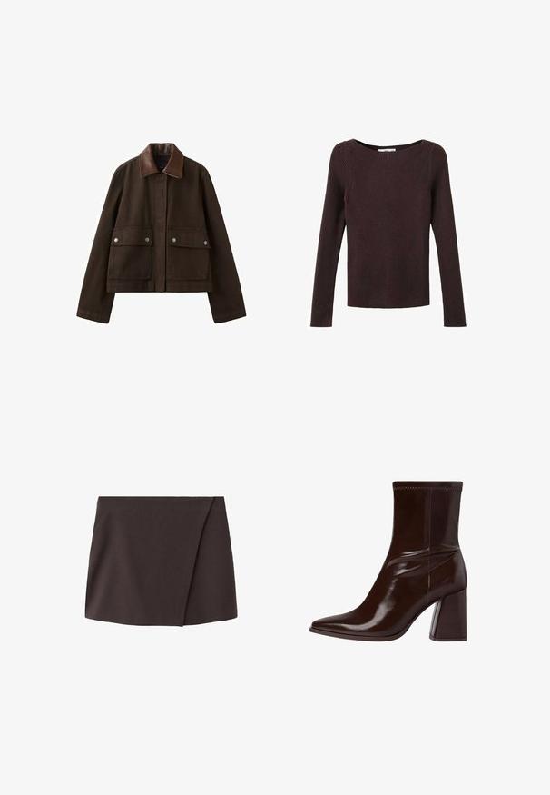 Veste marron foncé avec un col en cuir, une fermeture éclair frontale recouverte par un rabat, et deux grandes poches avant avec boutons-pression.; Pull en tricot côtelé marron foncé à manches longues avec un col rond, une coupe ajustée et un motif tricoté lisse et texturé.; Mini-jupe asymétrique marron foncé avec un léger chevauchement à l'avant, fabriquée à partir d'un tissu lisse.; Bottine en cuir verni marron avec un bout pointu, une cheville élastique et un talon bloc épais. Design élégant avec une texture lisse.