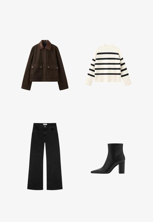 Veste marron foncé avec un col en cuir, une fermeture éclair frontale recouverte par un rabat, et deux grandes poches avant avec boutons-pression.; Pull crème avec larges rayures noires, ourlet et poignets côtelés, encolure ronde, et coupe ample, fabriqué en tissu tricoté doux.; Jean large noir taille haute avec poches avant et poches à monnaie, fermeture à bouton et passants de ceinture.; Bottines en cuir noir avec un bout pointu et un talon bloc. Texture lisse et design minimaliste, avec une tige de hauteur moyenne.
