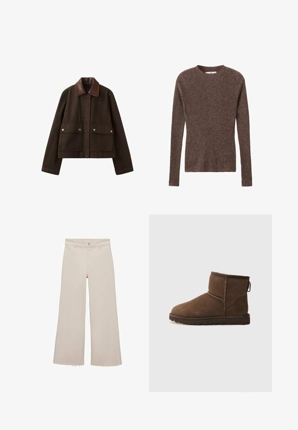 Veste marron foncé avec un col en cuir, une fermeture éclair frontale recouverte par un rabat, et deux grandes poches avant avec boutons-pression.; Pull en maille côtelée marron avec un col rond et des manches longues, présentant un tissu texturé et une silhouette ajustée.; Jeans beige à jambes larges avec taille haute, en tissu denim. Présente un ourlet brut en bas et une fermeture à boutons et à glissière à l'avant.; UGG CLASSIC MINI II - Bottes de neige - dusted cocoa