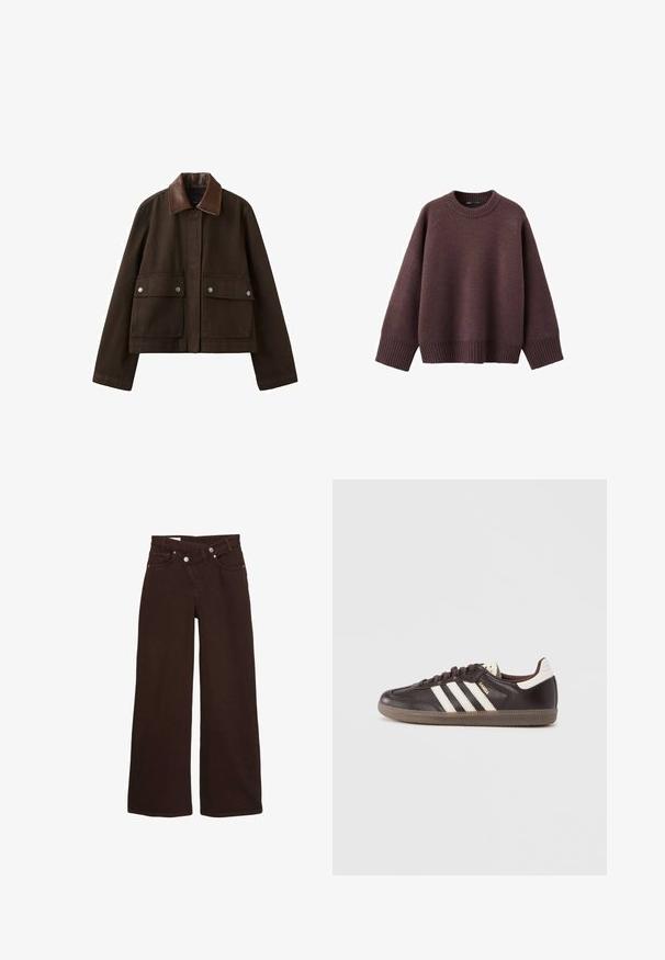 Veste marron foncé avec un col en cuir, une fermeture éclair frontale recouverte par un rabat, et deux grandes poches avant avec boutons-pression.; Pull ample de couleur bordeaux foncé, en tissu tricoté doux. Il présente un col rond côtelé, de larges manches et un ourlet côtelé.; Jean taille haute, coupe large, couleur marron, avec fermeture éclair et bouton à l'avant, comprenant des poches avant et arrière.; Baskets en cuir marron foncé avec un design à trois bandes blanches, une semelle en caoutchouc et l'inscription "Samba" en lettres dorées sur le côté. Forme classique basse.