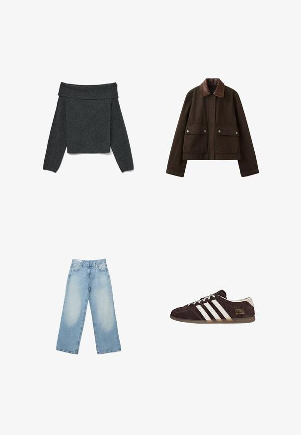Veste marron foncé avec un col en cuir, une fermeture éclair frontale recouverte par un rabat, et deux grandes poches avant avec boutons-pression.; Pull-over gris foncé à épaules dénudées avec manches longues, col côtelé et tissu en maille texturée. Design court.; Jeans denim à jambes larges bleu clair avec des zones délavées sur l'avant des cuisses, design à cinq poches et fermeture par bouton à la taille.; Baskets en suède marron avec trois bandes blanches, semelle en caoutchouc, et étiquette avec le texte "Gazelle" en or. Fermeture à lacets avec lacets gris.