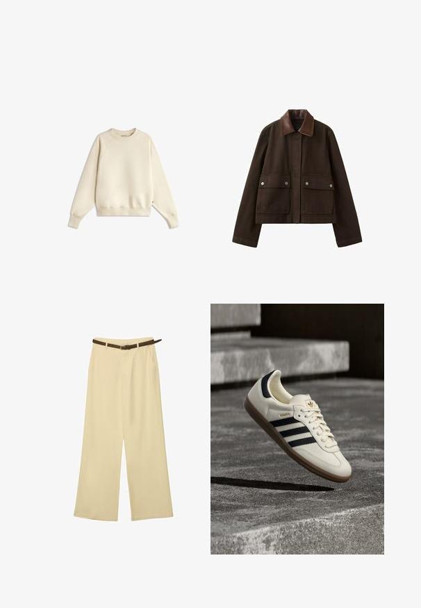 Veste marron foncé avec un col en cuir, une fermeture éclair frontale recouverte par un rabat, et deux grandes poches avant avec boutons-pression.; Sweat-shirt à manches longues de couleur crème avec col rond et poignets et ourlet côtelés, posé à plat sur un fond blanc.; Pantalon beige à jambes larges avec poches avant et ceinture marron tressée à la taille.; Baskets blanches Adidas Samba avec des bandes noires et une semelle en gomme, flottant au-dessus de marches en béton gris texturé.