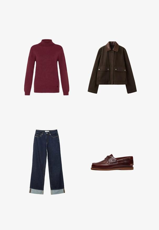 Veste marron foncé avec un col en cuir, une fermeture éclair frontale recouverte par un rabat, et deux grandes poches avant avec boutons-pression.; Pull à col roulé bordeaux en tissu côtelé, avec des manches longues et des poignets ajustés, arborant un logo circulaire au niveau de l'ourlet.; Jean large bleu foncé à taille haute, avec des ourlets roulés, des coutures contrastées et un design à cinq poches. Fabriqué en tissu en denim.; Chaussure bateau en cuir marron avec lacets, détails de couture et logo Timberland sur le côté, présentée sur un fond blanc.