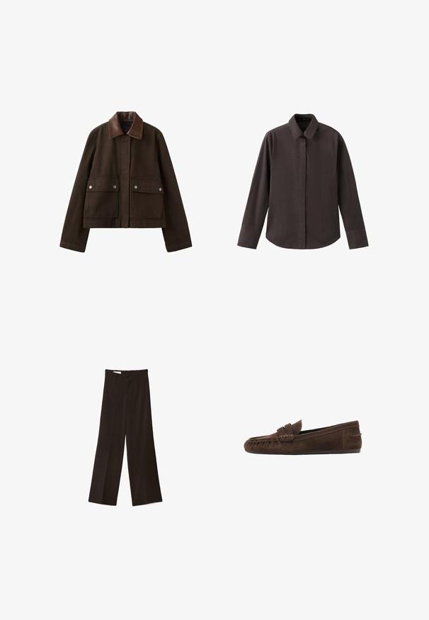 Veste marron foncé avec un col en cuir, une fermeture éclair frontale recouverte par un rabat, et deux grandes poches avant avec boutons-pression.; Chemise marron à manches longues avec un col pointu, une fermeture à boutons sur le devant et une poche poitrine unique. Tissu lisse et coupe décontractée.; Pantalon noir à jambes larges avec un bouton à l'avant et des passants pour ceinture, présentant un pli au centre de chaque jambe.; Mocassin marron en daim avec détails cousus et petit talon, présenté de profil sur fond blanc.