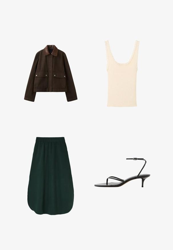 Veste marron foncé avec un col en cuir, une fermeture éclair frontale recouverte par un rabat, et deux grandes poches avant avec boutons-pression.; Débardeur côtelé couleur crème avec larges bretelles et délicat volant le long de l'encolure et des emmanchures.; Jupe vert foncé en tissu doux, avec une taille élastique et une coupe fluide avec un ourlet arrondi. Aucun motif ni élément visible.; Sandale noire à brides fines avec boucle fine à la cheville, boucle pour l’orteil et talon kitten fin de hauteur moyenne sur fond blanc.
