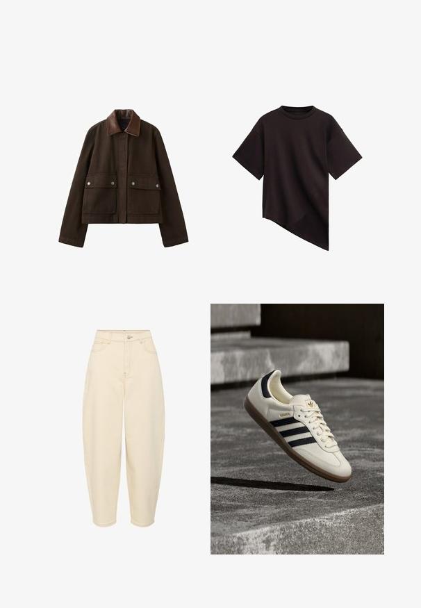 Mørkebrun jakke med læderkrave, lynlås foran dækket af en klap og to store forlommer med trykknapper.; Sort T-shirt med korte ærmer, rund hals og asymmetisk kant, der skråner diagonalt fra venstre mod højre.; Beige højtaljede jeans med en løs pasform. Har fem lommer, lynlås foran og knaplukning. Fremstillet af robust bomuldsstof.; Hvid Adidas Samba sneaker med sorte striber og gummsål, svævende over teksturerede grå betonstrin.