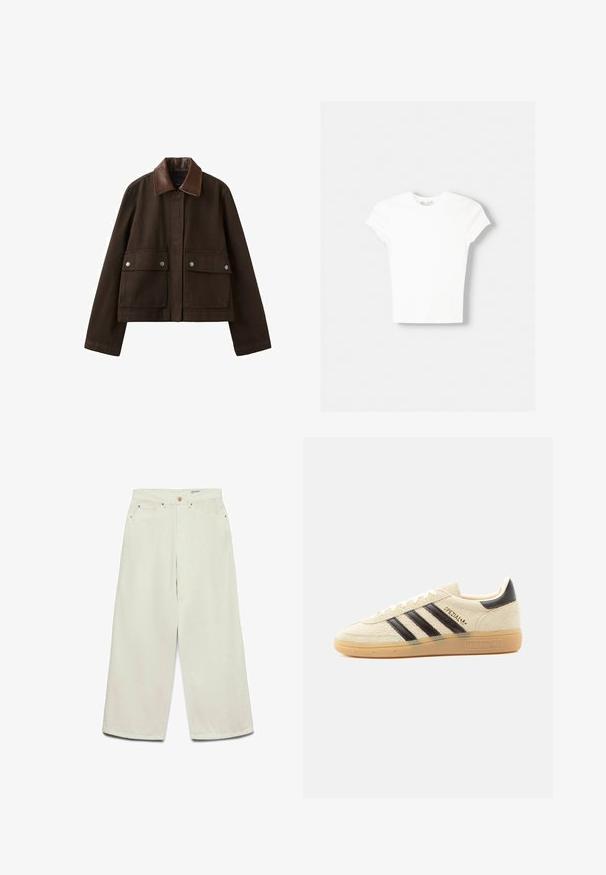 Veste marron foncé avec un col en cuir, une fermeture éclair frontale recouverte par un rabat, et deux grandes poches avant avec boutons-pression.; T-shirt blanc à manches courtes en coton doux, avec un col rond et une coupe ajustée. Pas de motifs ni d'ornements visibles.; Pantalon crème à jambes larges et taille haute, avec poches avant, passants pour ceinture, et fermeture par bouton.; Baskets en daim crème avec des rayures noires, semelle en gomme, languette noire au talon et texte doré "SPEZIAL" sur le côté.