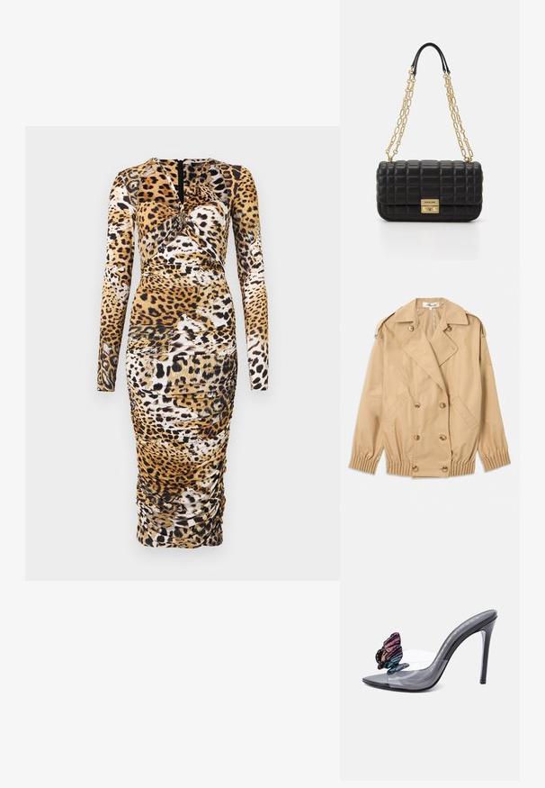 Beige trenchcoat med dobbeltlynlås, skulderepauleter og elastiske manchetter. Fremstillet af et glat, let stof.; Langærmet kjole i leopardmønstret design med rynkedetaljer og rund udskæring. Fremstillet af et strækbart stof og med en lynlås i ryggen.; Sort højhælet mule med gennemsigtig rem og dekorative pink og blå sommerfugledetaljer foran.; Sort kviltet læder håndtaske med gyldent kædetræk og lås. Har en rektangulær form og en logo accent på frontpanelet.