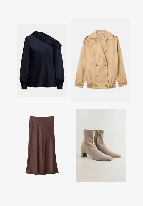 Beige trench kabát s dvojradovým zapínaním, ramennými epauletmi a elastickými manžetami. Vyrobený z hladkej, ľahkej tkaniny.; Námornícky modrá blúzka s asymetrickým drapovaným výstrihom, dlhými puff rukávmi, hladkým saténovým materiálom a priliehavým lemom.; Hnedá saténová sukňa s hladkou textúrou, A-strih a dĺžka po členky. Obsahuje jednoduchý elastický pás. Bez vzorov alebo akcentov.; Béžové semišové členkové topánky s špicatou špičkou a stredne vysokým blokovým podpätkom; bočný zips a bezšvový dizajn pre elegantný vzhľad.