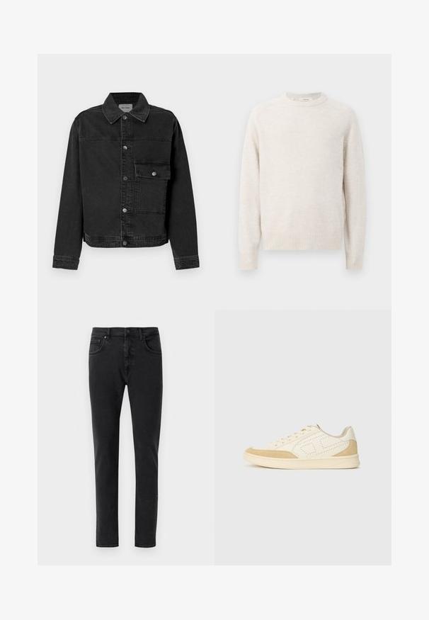 Schwarze Denimjacke mit durchgehender Knopfleiste, einer Brusttasche und klassischem Kragen. Verfügt über sichtbare Nähte und strukturierten Stoff.; Cremefarbener Pullover mit rundem Ausschnitt, gerippten Bündchen und Saum. Weiche Textur mit einem einfachen, klaren Design und Raglanärmeln.; Schwarze Denim-Jeans mit schmaler Passform, klassischem Fünf-Taschen-Design und minimalen Nähten. Glatte Textur, normaler Bund.; Weißes Leder-Sneaker mit beigen Wildleder-Akzenten, perforiertem Design an den Seiten, runder Zehenpartie, flacher Gummisohle und Schnürverschluss.