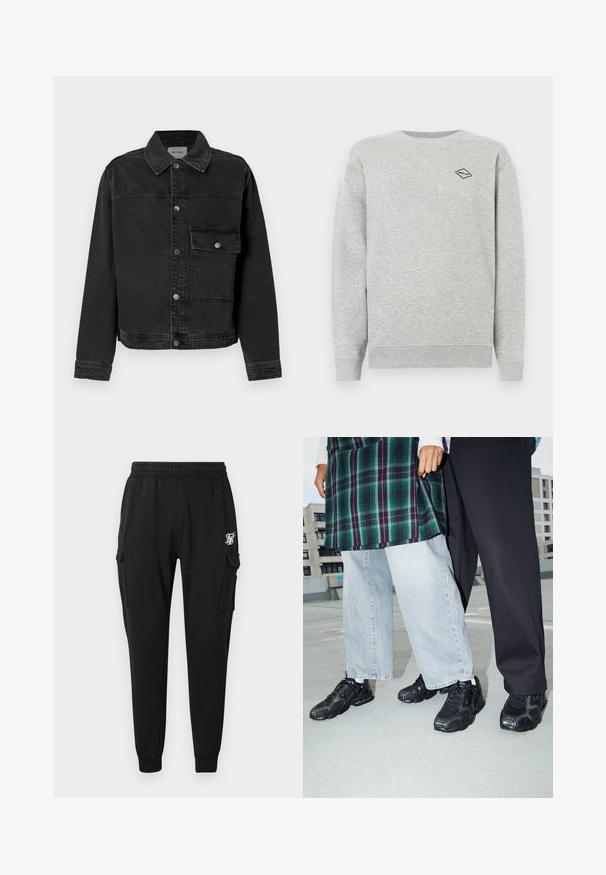 Mustmustestest jope, millel on nööpidega eesmine kinnitamine, rinna tasku ja klassikaline krae. Omab nähtavaid õmblusi ja tekstuurset kangast.; Hallaiset puuvillasegust sweatshirt, millel on ümar kaelus ja soonikuga varrukad. Rinna peal on tikitud väike must teemantlogoga.; Mustad mustad püksid, mis on valmistatud pehmest kangast, elastse vöökoha, küljetaskute ja reiel diskreetse logoga. Sirge lõikega disain.; Mustad mustad jalanõud, millel on võrkkangast ja kummist aktsendid. Kannab heledat halli laiade jalgadega teksapükse ja ruudulist rohelisest topi. Lame pind taust.