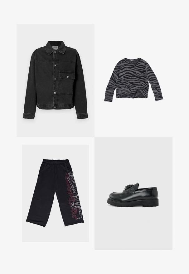 Sort denimjakke med knaplukning fortil, brystlomme og klassisk krave. Har synlige stikninger og struktureret stof.; Sort og gråstribet sweater med lange ærmer, rund halsudskæring, blød tekstur og en let cropped kant. Fremstillet af et fnugget materiale.; Sorte bukser med vide ben lavet af blødt stof. Har et hvidt og rødt tribal-design ned langs venstre side, med elastisk talje og lommer.; Sort læderloafer med kvaster, tyk gummisål og lav hæl, vist i sideprofil på en ensfarvet baggrund.