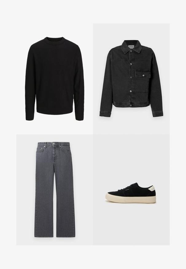 Sort denimjakke med knaplukning fortil, brystlomme og klassisk krave. Har synlige stikninger og struktureret stof.; Sort langærmet strikket sweater med rund halsudskæring, ribstrikkede manchetter og kant, vist på en ensartet lys grå baggrund.; Mørkegrå denimjeans med lige ben og højtaljet talje, med frontknap, lynlås og fem-lomme design mod hvid baggrund.; Sort ruskinds sneaker med en tyk beige gummisål, rund tå og sorte snørebånd. Har en hvid detalje på hælen. Simpelt, klassisk design.