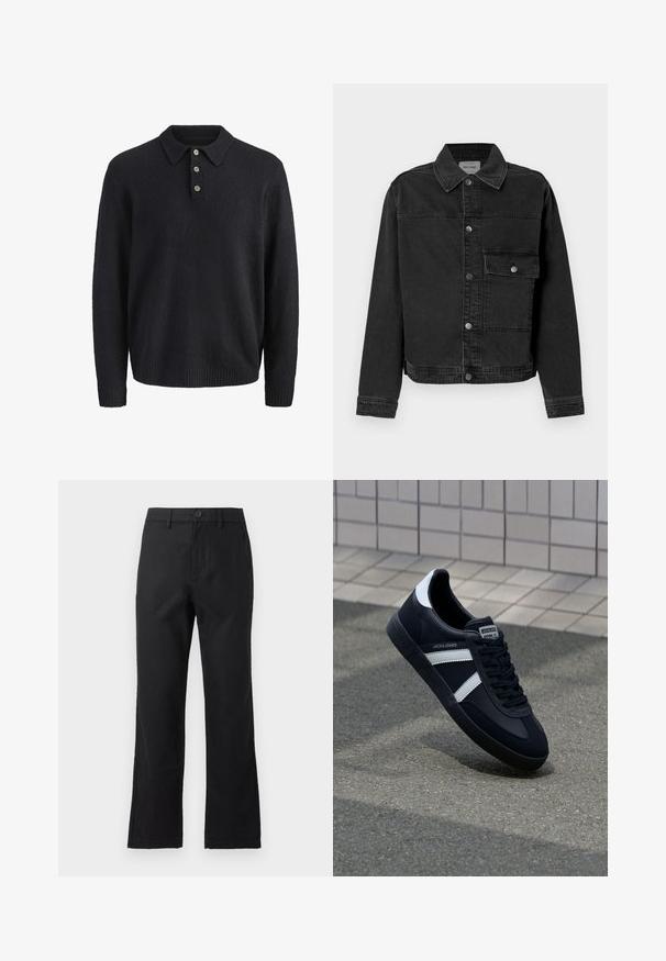 Sort denimjakke med knaplukning fortil, brystlomme og klassisk krave. Har synlige stikninger og struktureret stof.; Mørkeblå langærmet strikket sweater med krave og tre knapper ned foran.; Sorte bukser med lige ben, bæltestropper, knaplukning og forlommer, vist på en ens grå baggrund.; Sort lædersneaker med hvide striber, tekstureret gummisål og snørrebånd foran. Har et brandet mærke på tungen.