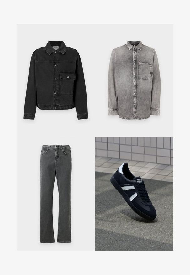 Schwarze Denimjacke mit durchgehender Knopfleiste, einer Brusttasche und klassischem Kragen. Verfügt über sichtbare Nähte und strukturierten Stoff.; Graues Denim-Hemd mit Knopfleiste, langen Ärmeln, mittlerem Stoffgewicht, einer Brusttasche, abgedunkeltem Finish mit kontrastierenden Knöpfen, klassischem Kragen.; Graue Jeans aus Denim mit geradem Bein, ausgestattet mit fünf Taschen, einem Knopf- und Reißverschluss sowie sichtbaren Nähdetails.; Schwarze Leder-Sneaker mit weißen Streifen, strukturiertem Gummisohle und Schnürung. Verfügt über ein Markenetikett auf der Zunge.