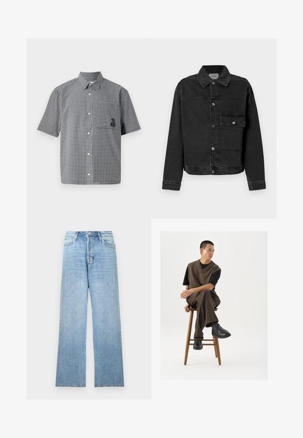Zwarte denimjack met een knoopsluiting aan de voorkant, borstzak en klassieke kraag. Bevat zichtbare stiksels en een gestructureerde stof.; Korte mouwen knoopsluiting overhemd in zwart-wit ruitpatroon, met een borstzak en geborduurd zeepaardje detail. Katoenen materiaal.; Lichtblauwe spijkerbroek met een rechte pijp, topknoopsluiting, vijf zakken en rafelige zoom.; Bruin gebreid vest over een zwart t-shirt, gecombineerd met bruine wijde broek en zwarte chunky schoenen, zittend op een houten kruk.