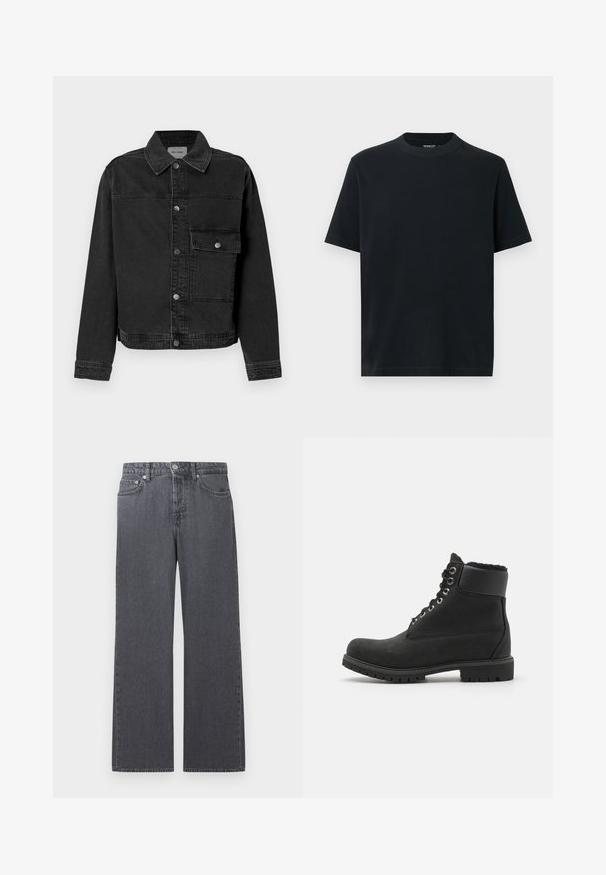 Zwarte denimjack met een knoopsluiting aan de voorkant, borstzak en klassieke kraag. Bevat zichtbare stiksels en een gestructureerde stof.; Zwart T-shirt met korte mouwen en een ronde hals, gemaakt van zacht katoen. Eenvoudig ontwerp zonder patronen of versieringen.; Donkere grijze denim jeans met rechte pijpen en hoge taille, voorzien van knopen aan de voorkant, rits en een ontwerp met vijf zakken, afgebeeld tegen een witte achtergrond.; Zwarte enkelboot van suede met een rubberen zool, voorzien van metalen oogjes, veters en een zachte nepbontkraag rondom de bovenkant.
