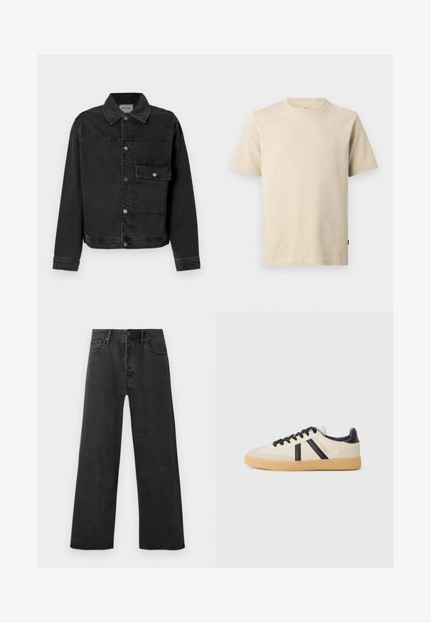 Sort denimjakke med knaplukning fortil, brystlomme og klassisk krave. Har synlige stikninger og struktureret stof.; Beige kortærmet bomulds-T-shirt med rund halsudskæring, minimal syning og en lille tonet logo på venstre bryst.; Sorte højtaljede lige ben jeans i denim med frontknap, lynlås og fem lomme-design på en hvid baggrund.; Casual sneakers i creme med sorte striber, med en tekstureret overdel og sål i gummigummi. Snørebåndene er sorte. Diskret logo på siden.