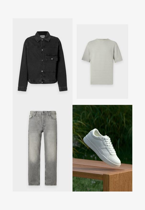 Sort denimjakke med knaplukning fortil, brystlomme og klassisk krave. Har synlige stikninger og struktureret stof.; Lysegrå strikket top med korte ærmer, subtilt zigzagmønster og rund halsudskæring på en hvid baggrund.; Grå denim jeans med en afslappet pasform, der har en lysvasket finish, fem lommers design, knaplukning og lige ben.; Hvide lædersneakers med en glat overflade, prydet med perforeret design, klassisk snørering og gummisål, placeret over en træoverflade.